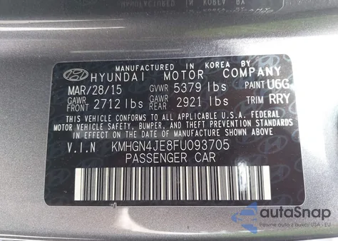 2015 Hyundai Genesis 3.8 from USA, damaged, VIN KMHGN4JE8FU093705